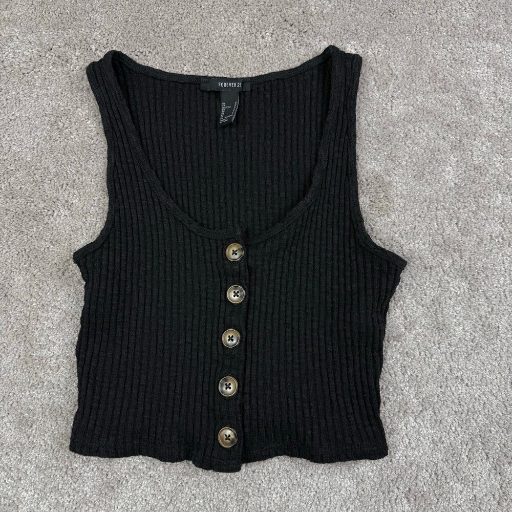 Forever 21 Black Ribbed Button Front Crop Top Size Small Sleeveless Boho Goth